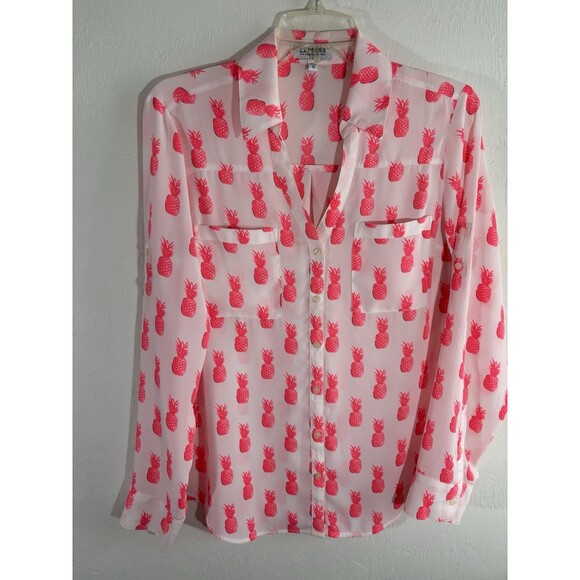 Express Women’s M  White w/ Hot  Pink Pineapples V Neck Roll Tab Button Up Shirt - Picture 2 of 8
